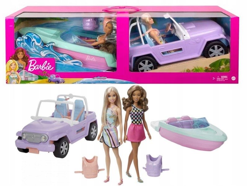 Mattel Barbie SADA PROJÍŽĎKA 2 panenky + auto jeep + motorový člun GXD66
