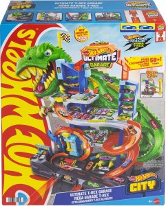 Hot Wheels City mega garáž Giga T-Rex – závodní dráha s garáží a 2 autíčky